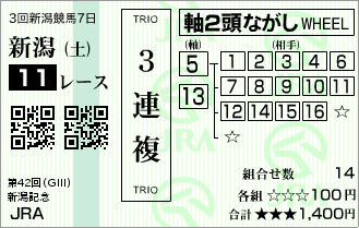 三連複軸2頭流し馬券の見本