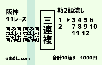 三連複軸二頭流し例 1-2-残り全頭